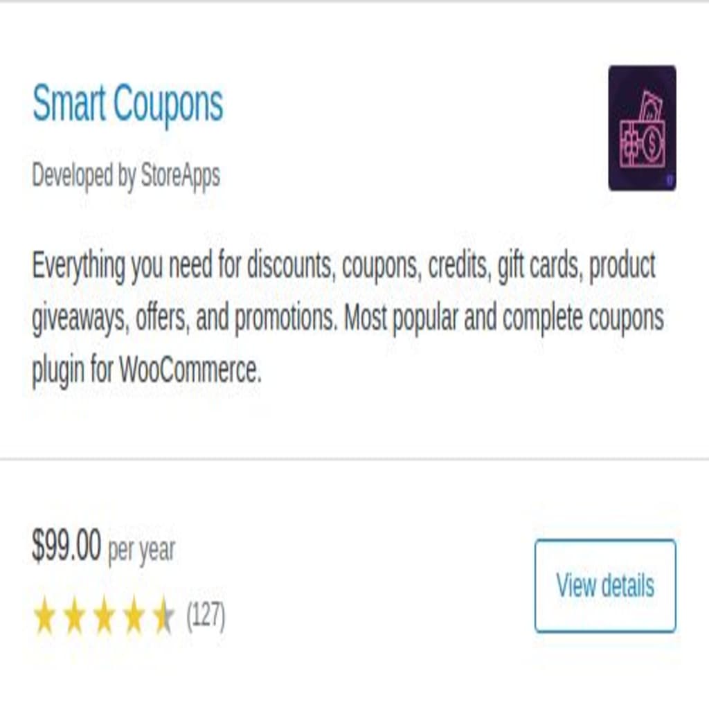 The Smart Coupon extension has a yearly price of $99 and provides a wide range of features to help you manage and customize your discounts and WooCommerce coupon codes. Some of the options include the ability to generate coupons, gift cards, or discounts for future purchases when a customer places an order, adding gifts or discounted products to a coupon, and many more.