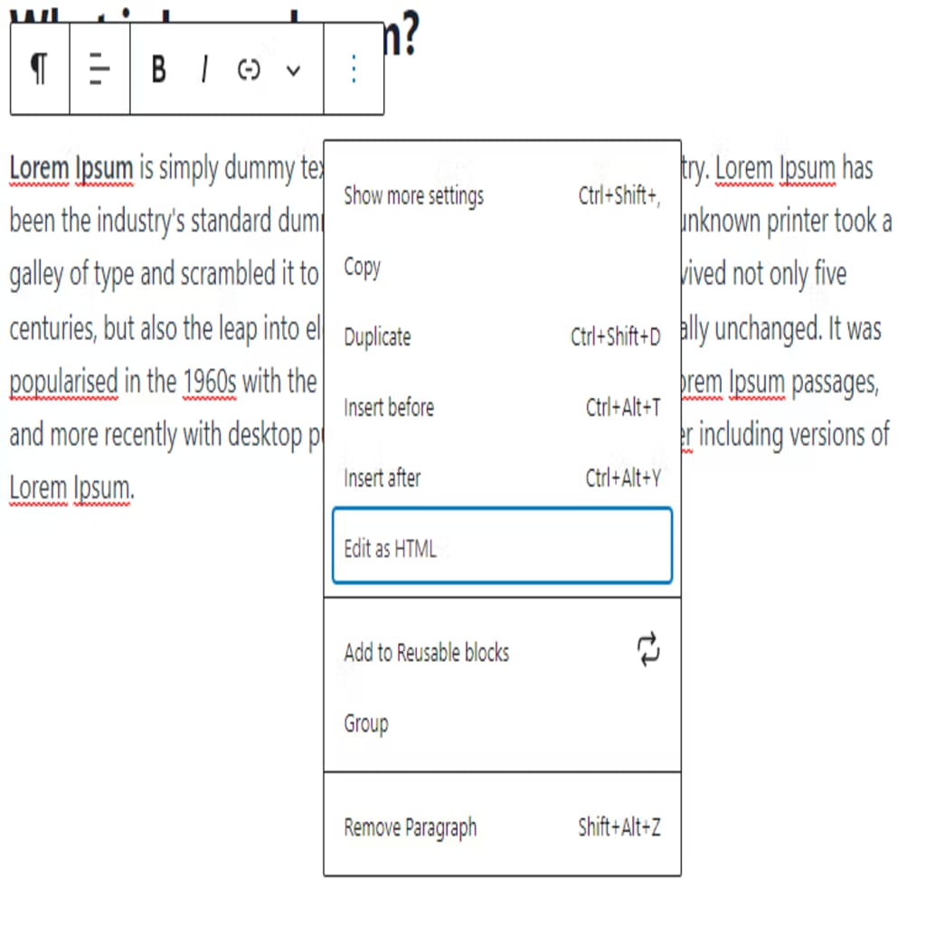 edit as html drop down wordpress