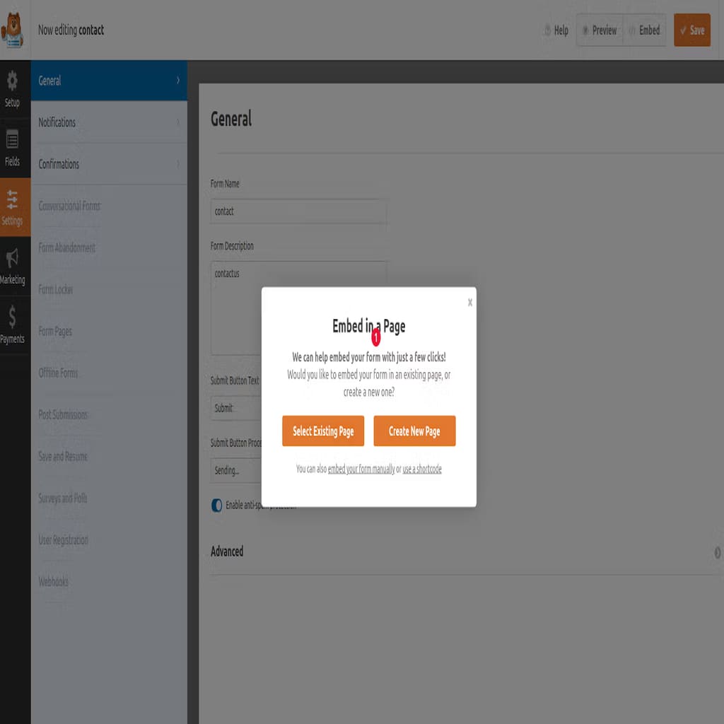embed new wp contact form