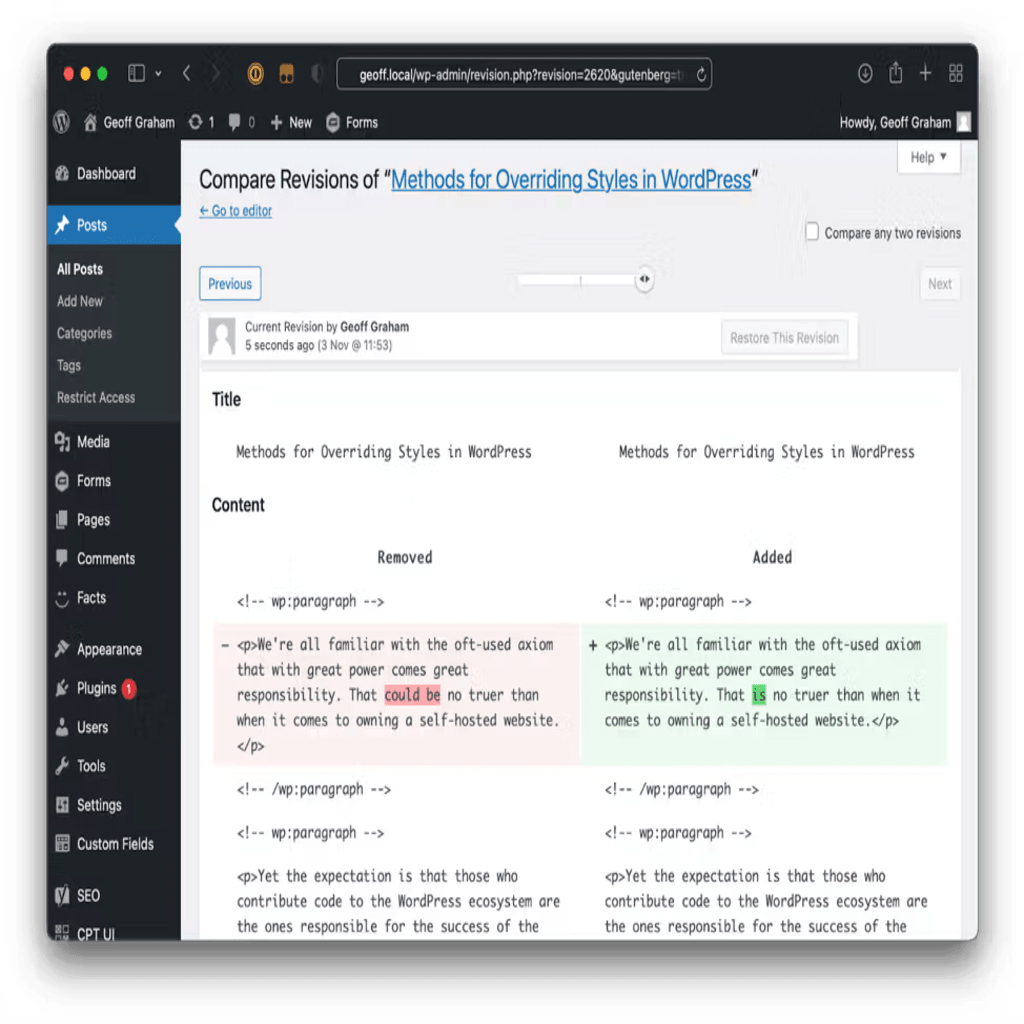 wordpress page revisions screenshot