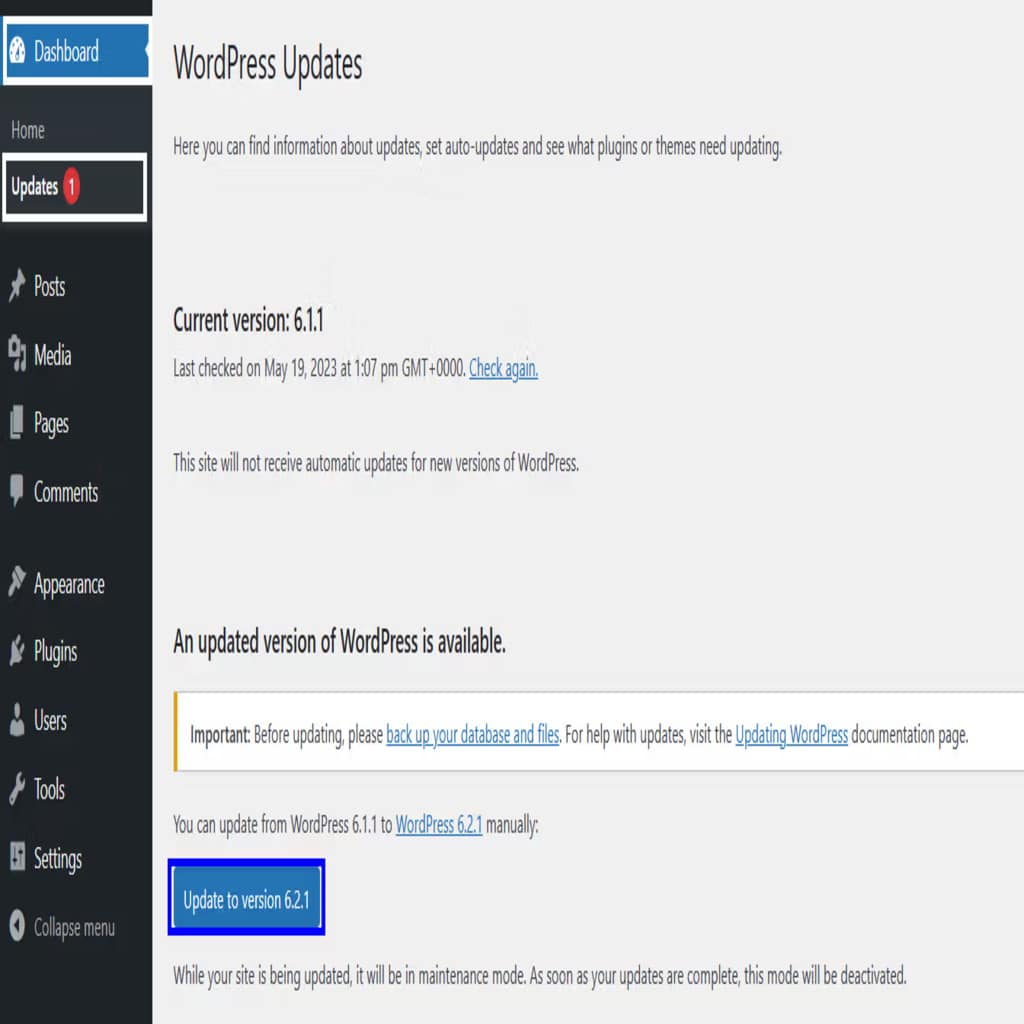 wordpress update screenshot