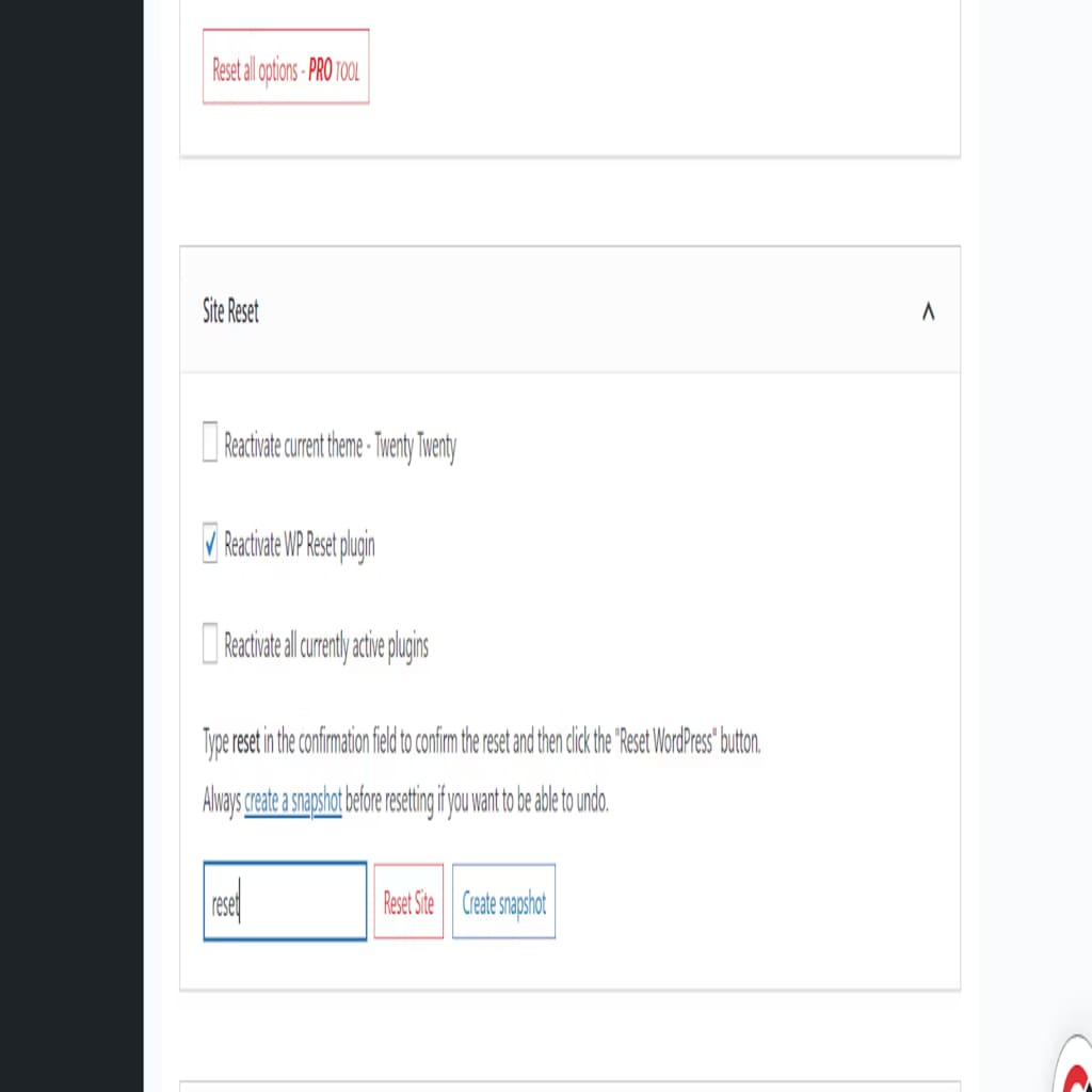wordpress site reset screen