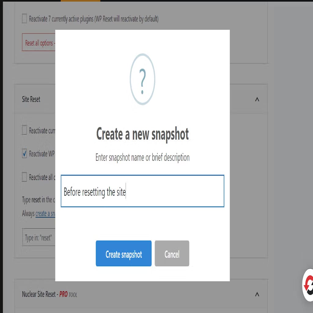 wordpress reset snapshot screen