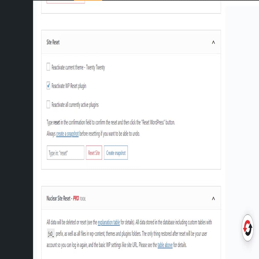wordpress site reset screen
