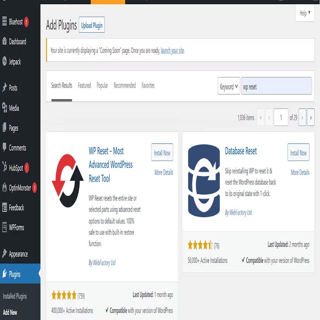 add wordpress reset plugin