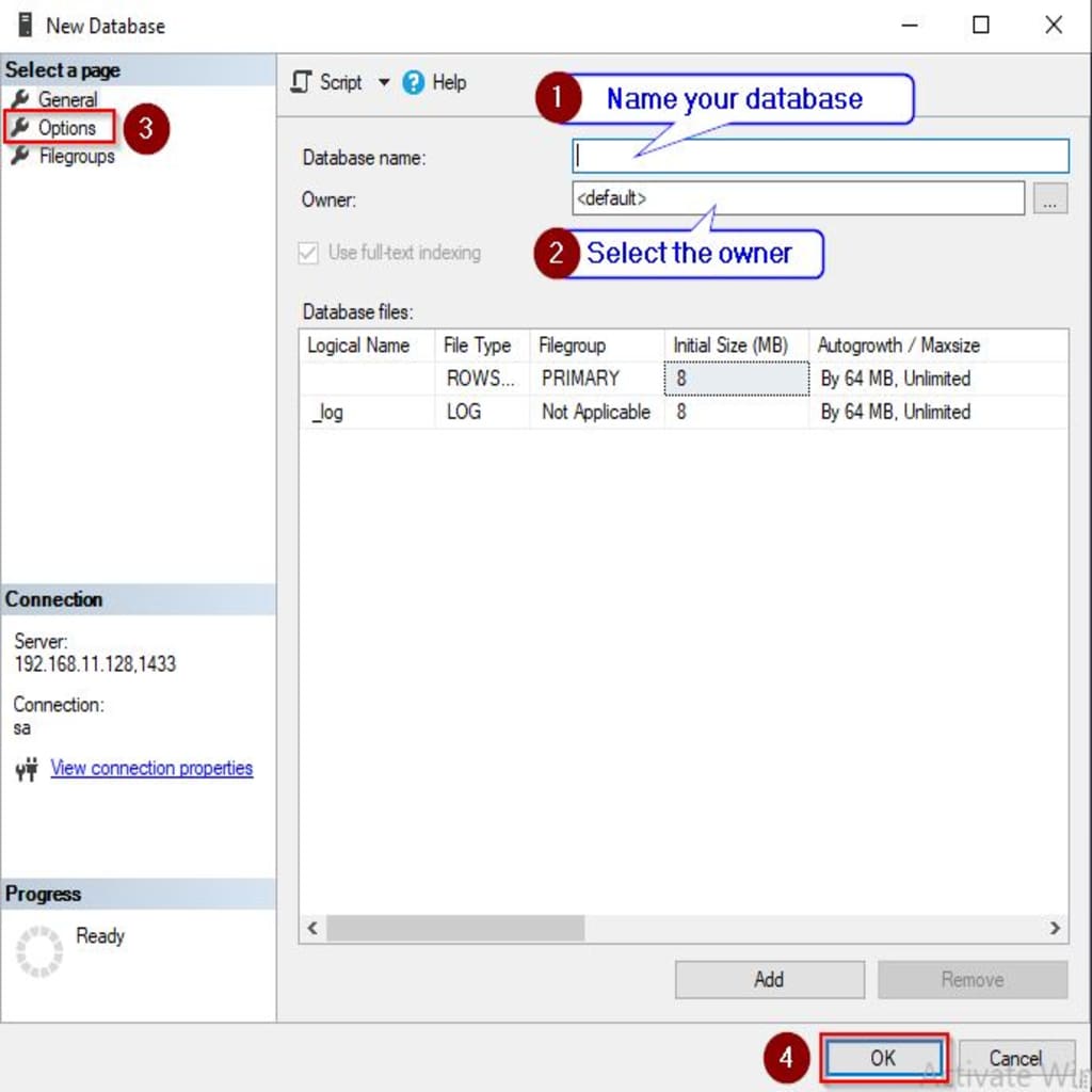 microsoft sql server management studio — new database info