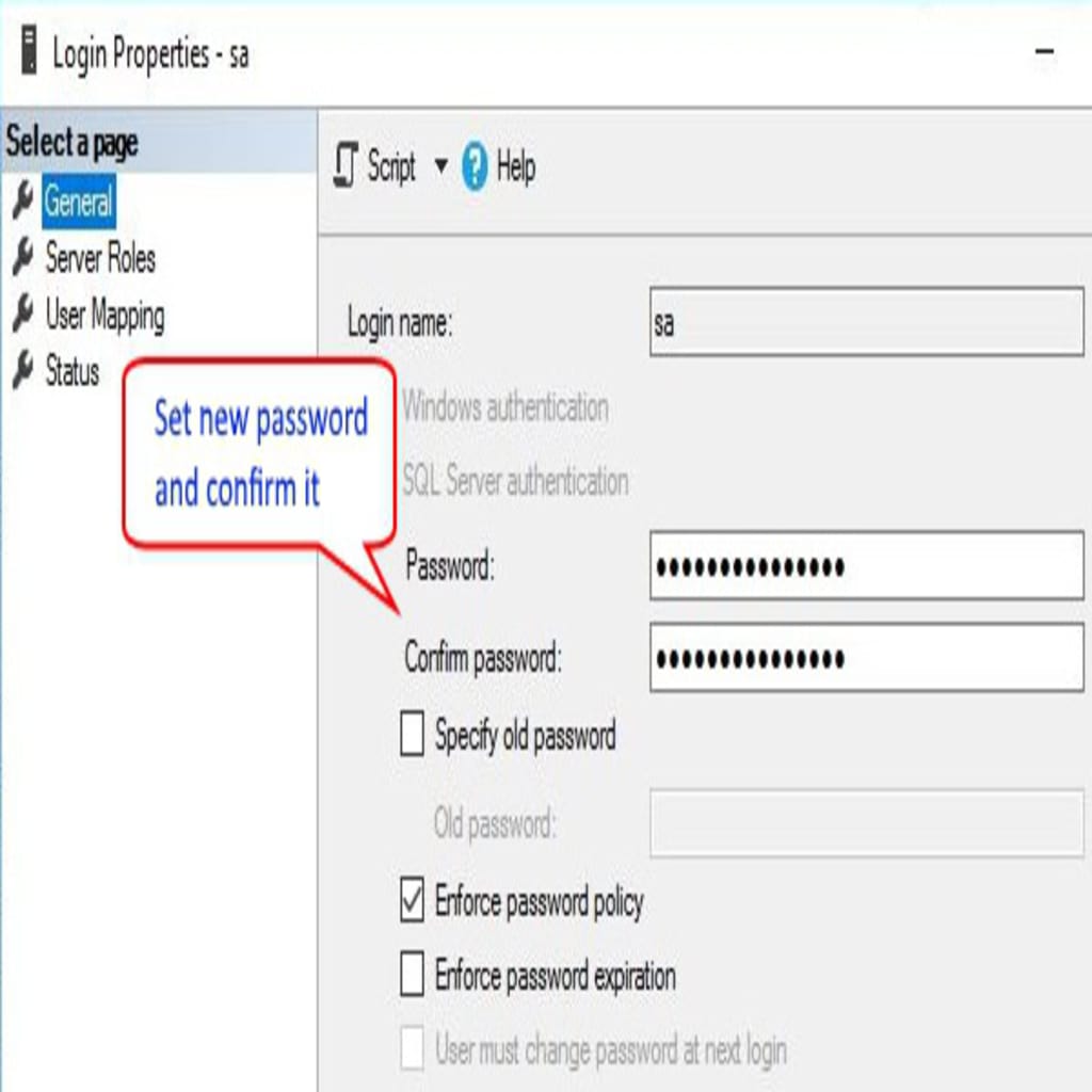 Troubleshooting the Microsoft SQL Server error 18456 (Login Failed for User error) — password setup.