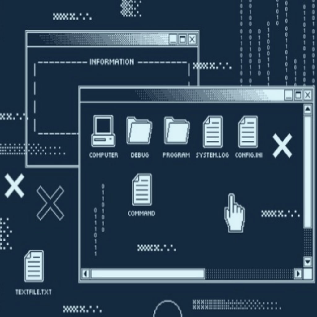 a screen shows the desktop files of a computer using legacy software