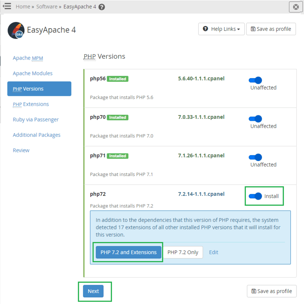 EA4 php versions php72