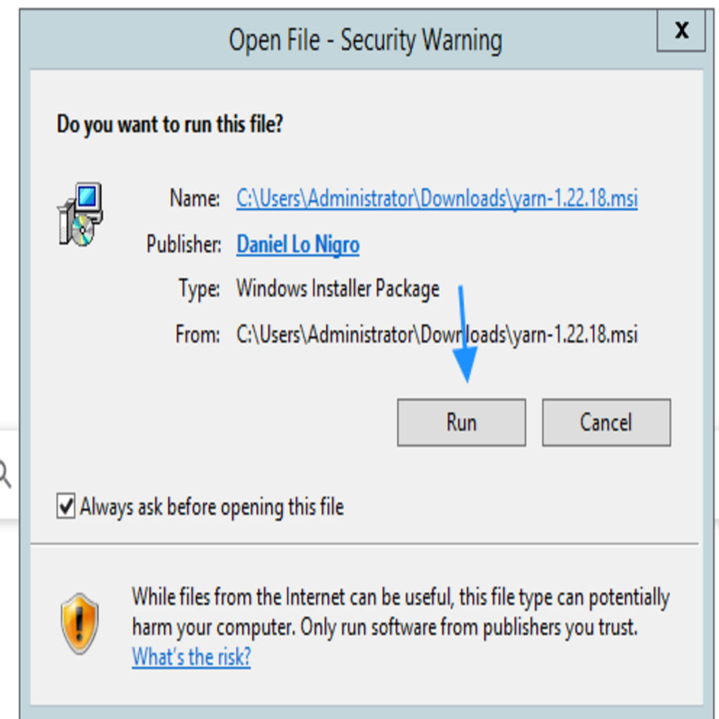 Locate and double-click on the downloaded package. A message box will appear where you will click Run.