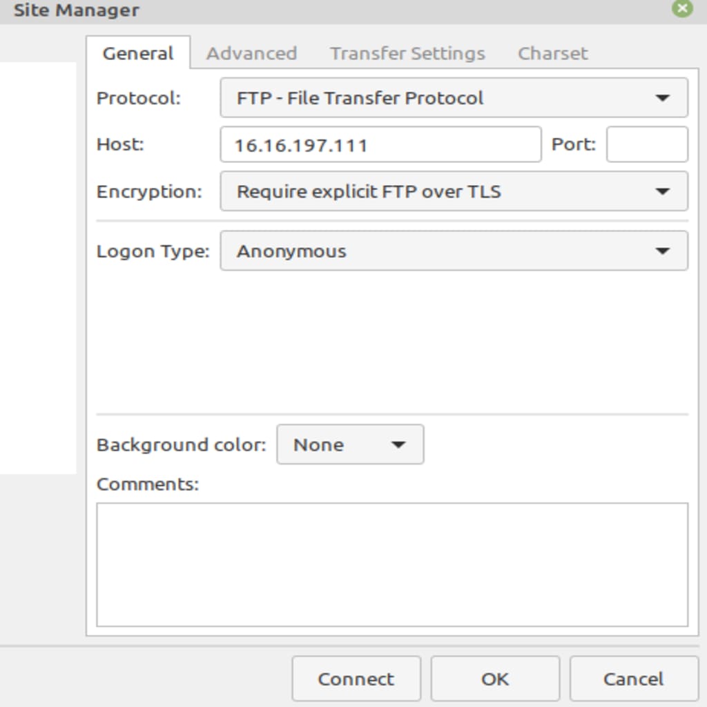 To access ProFTPD Server using TLS with FileZilla, go to File and click on Site Manager to enter the details per your requirements. Click Connect. It will connect to the server with an Anonymous user.