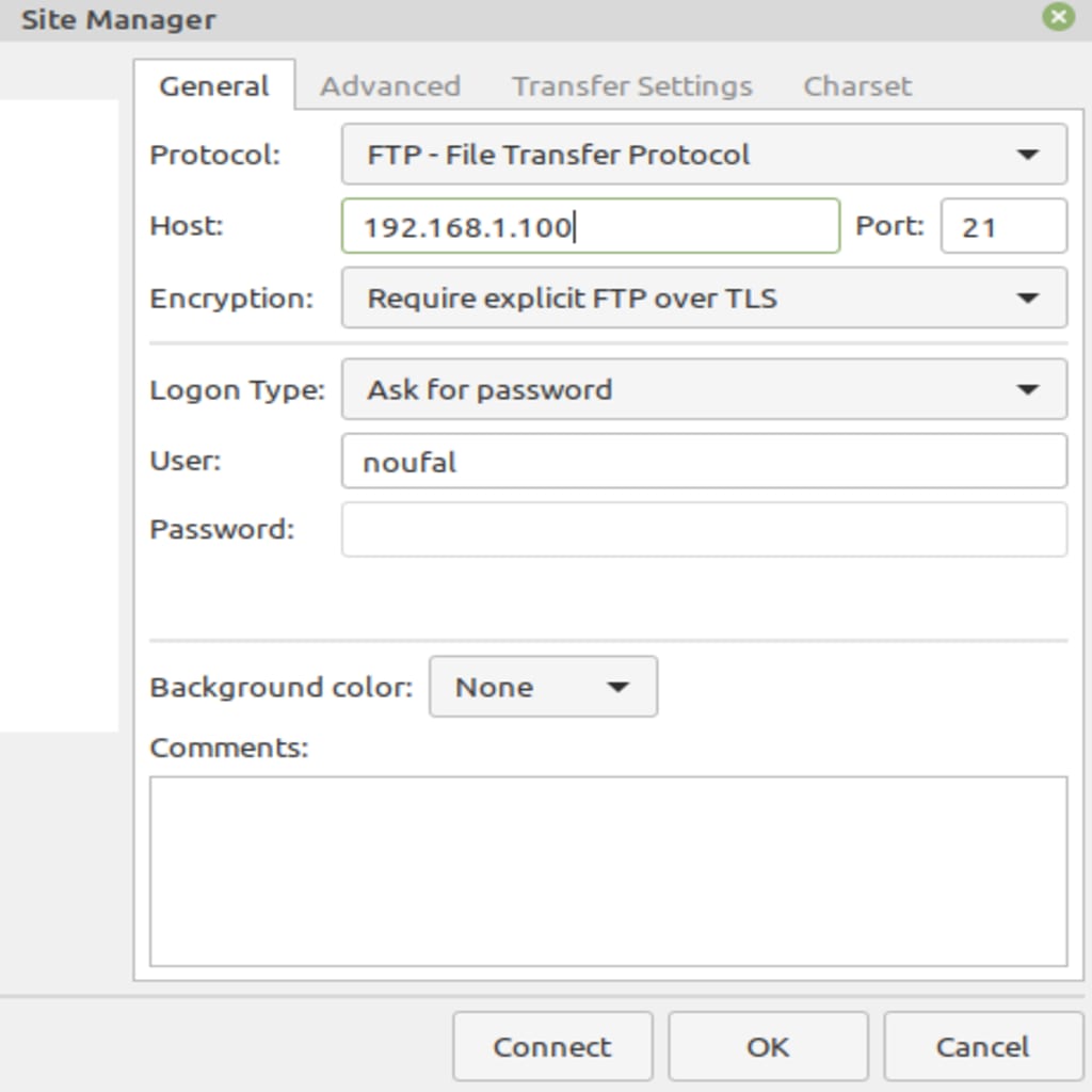 To access ProFTPD Server using TLS with FileZilla, go to File and click on Site Manager to enter the details per your requirements.