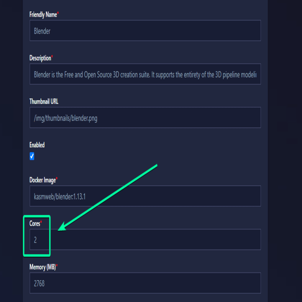 There are a lot of fields here, so just focus on the number of CPU cores you want to dedicate to your image on each session. You will achieve that by increasing the Cores value from 2 to 4.
