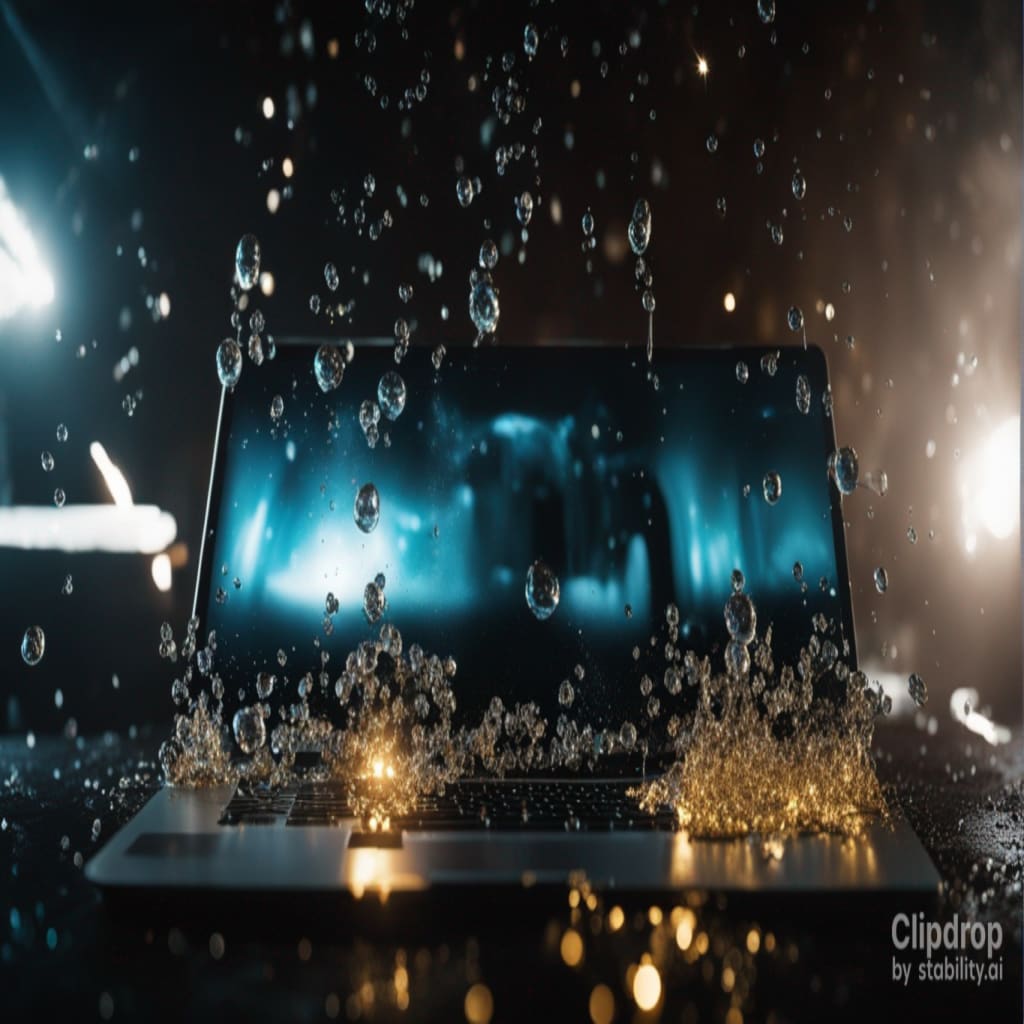 Stable Diffusion AI image generator: Liquid metal drops with steam bouncing off of an open MacBook Pro on a black background, ultra-realistic, film grain, cinematic, Star Wars warfare, cinematic contour lighting, earthy naturalism, teal and yellow, frostpunk, cinestill, weta fx, photorealism , atmospheric lighting, anamorphic lens flare, motion blur, ultra quality, motion, action, dramatic, 8K UHD