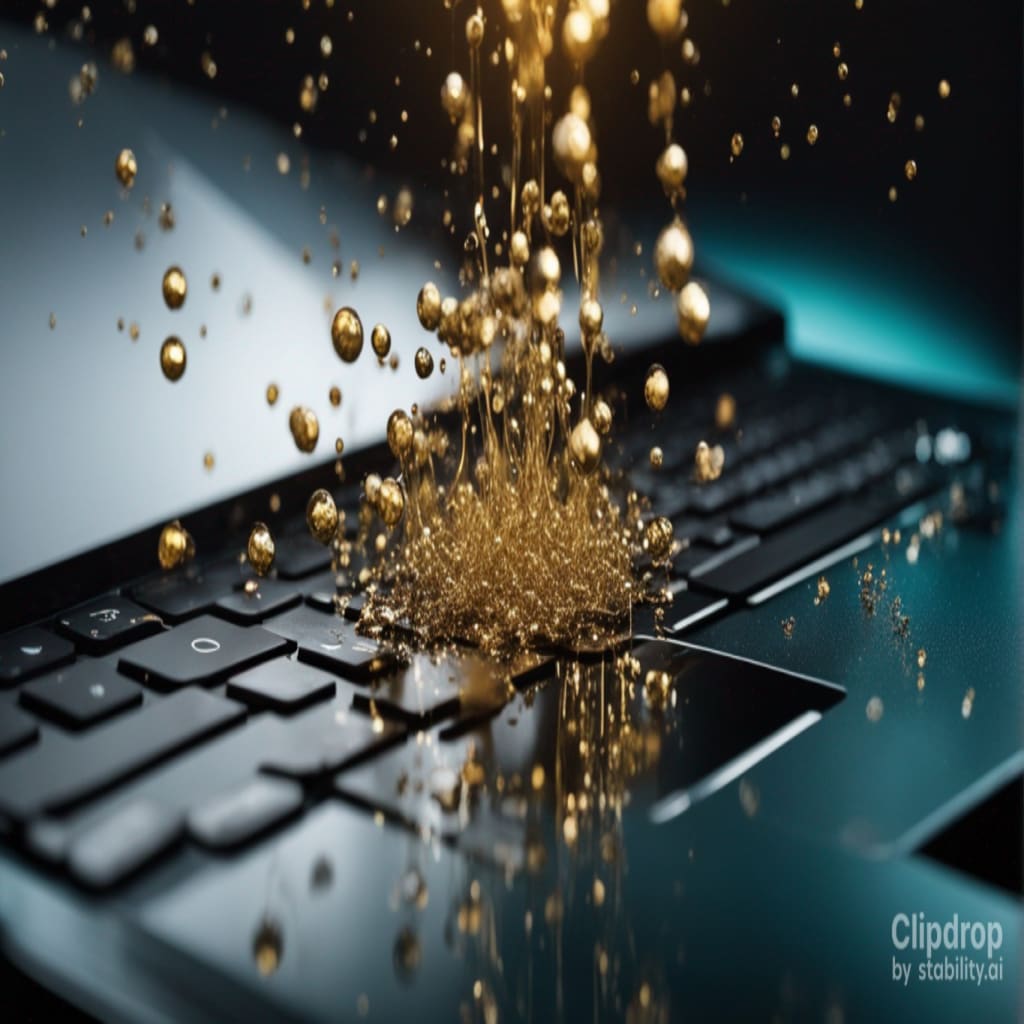 Stable Diffusion AI image generator: Liquid metal drops with steam bouncing off of an open MacBook Pro on a black background, ultra-realistic, film grain, cinematic, weta fx, photorealism, atmospheric lighting, anamorphic lens flare, motion blur, ultra quality, motion, action, dramatic, 8K UHD