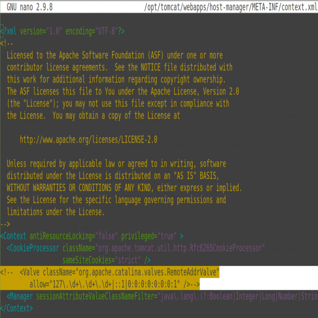 How to Install Apache Tomcat on Linux (AlmaLinux): Commenting Out a Text Block in the Host Manager XML File - Tomcat Virtual Host Manager App