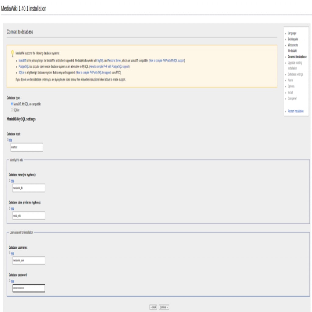 MediaWiki install guide for Linux (AlmaLinux). In the Connect to Database section, you enter the Mediawiki database, database user name, and password and then click the Continue button.
