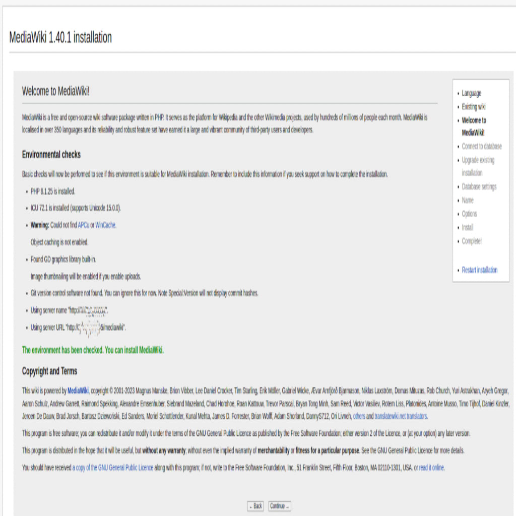 MediaWiki installation guide for Linux (AlmaLinux). You will see the MediaWiki environmental setup checks listed on the next screen. Click the Continue button to proceed.
