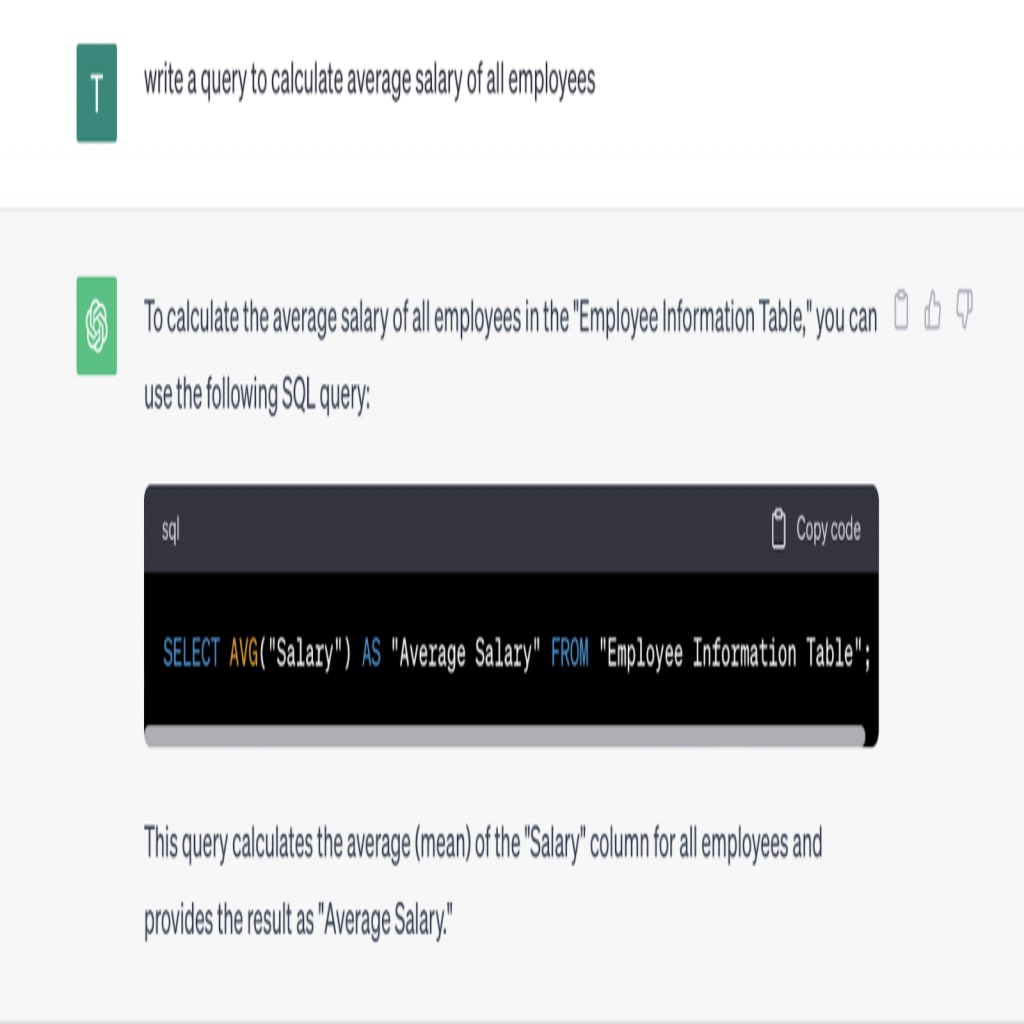 Large language models tutorial — below find a sample query used to calculate the average salary of all employees.