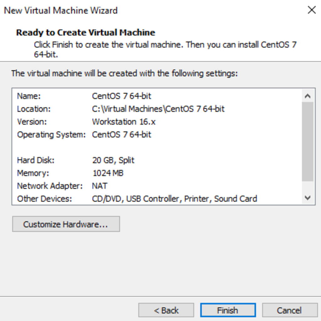 Reviewing the details of the new virtual machine and finalizing the process.