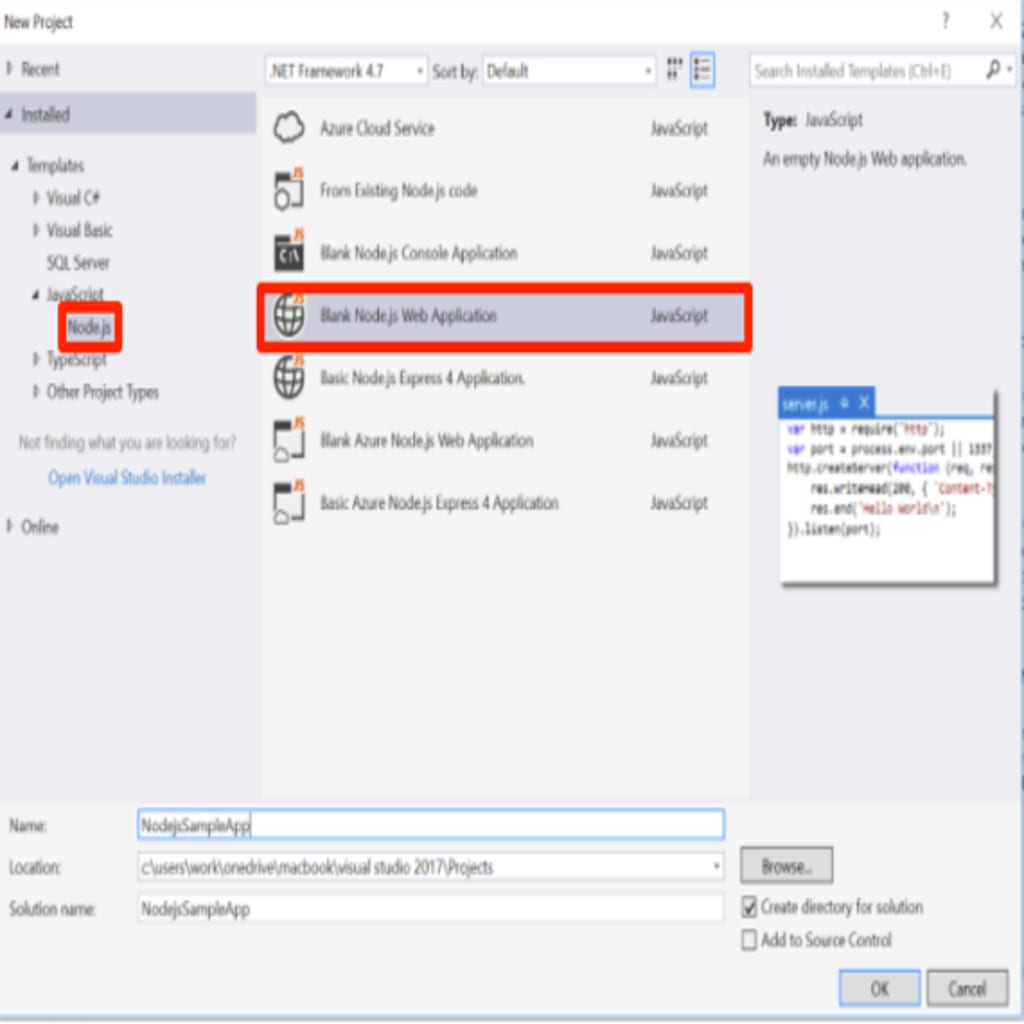 nodejs and blank web application highlighted