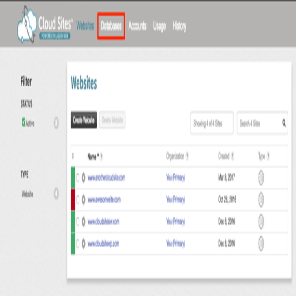 databases link highlighted in menu
