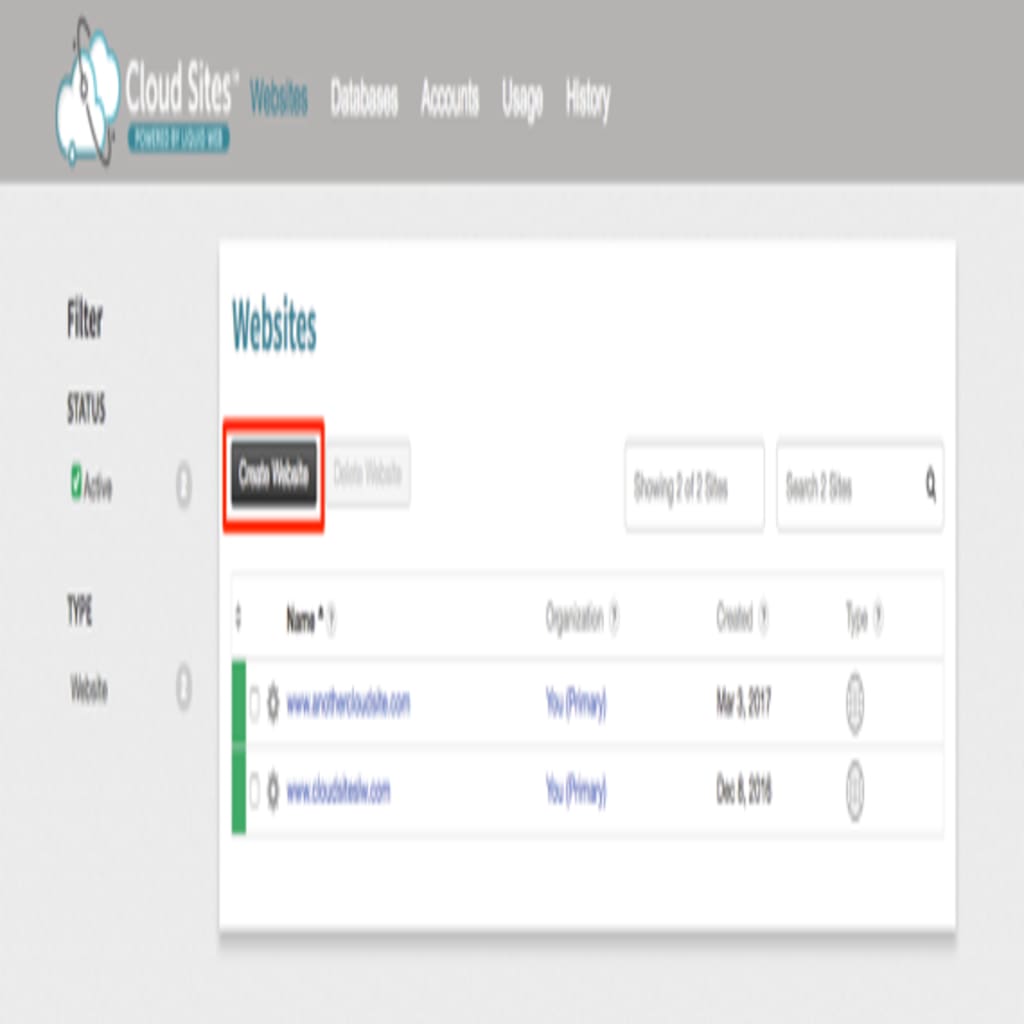 create website button highlighted