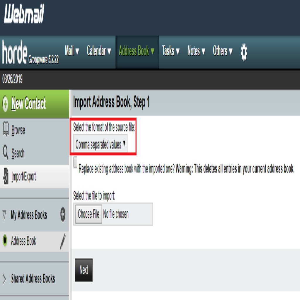 import file type dropdown