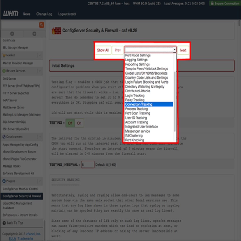 connection tracking in dropdown on firewall configuration page