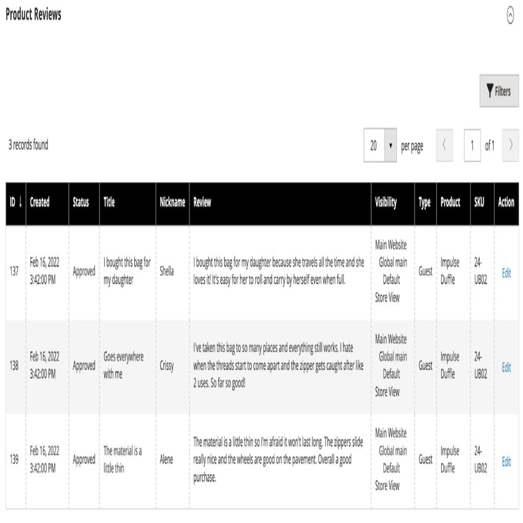 Product review approval table in Magento 2 showing review, author, and product information.