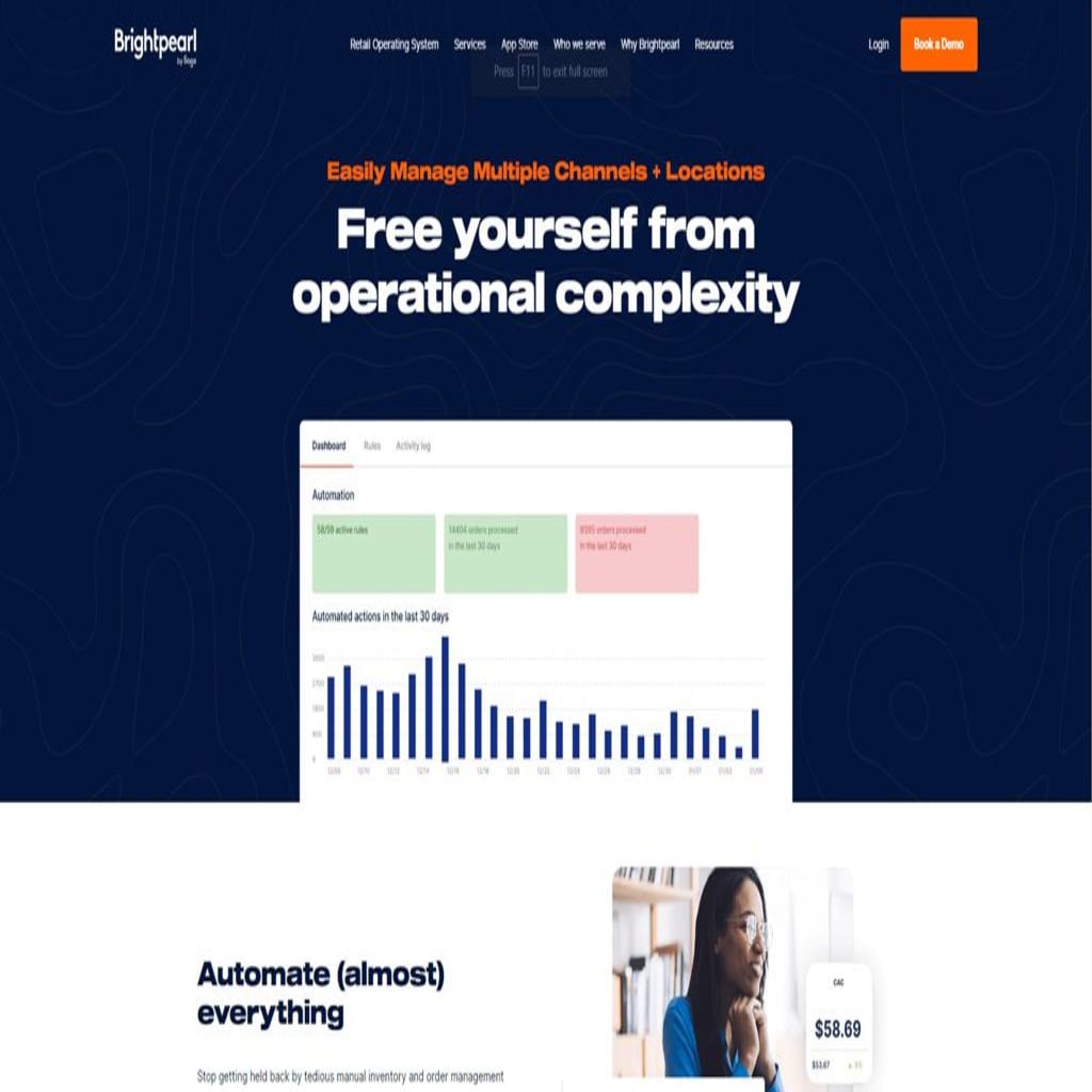 Screenshot of Magento inventory automation tool Brightpearl's landing page.