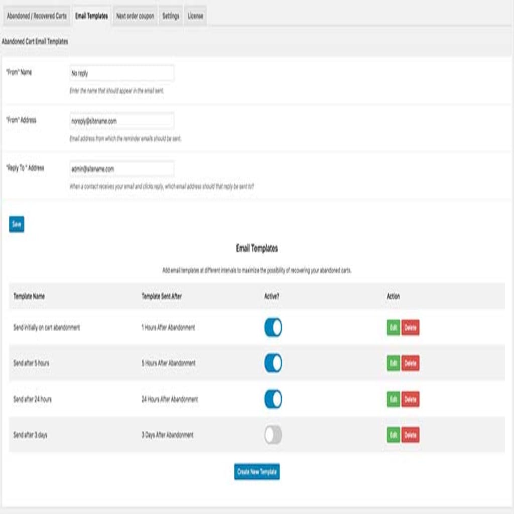 The Abandoned Cart email template screen.