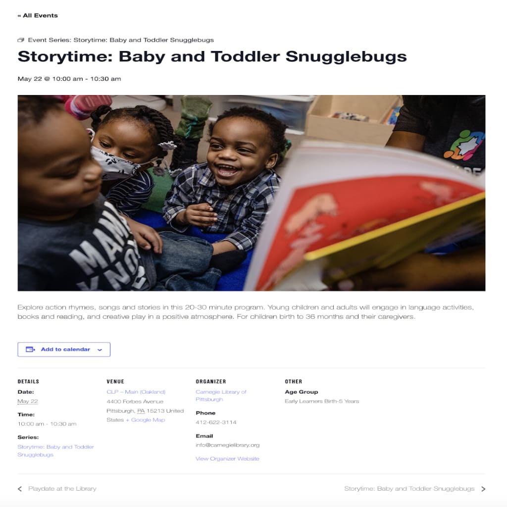 Carnegie library's single event page, featuring the title, date, time, graphic, and description.