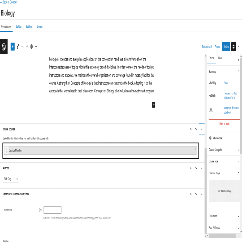 Share Course Metabox on the course edit page