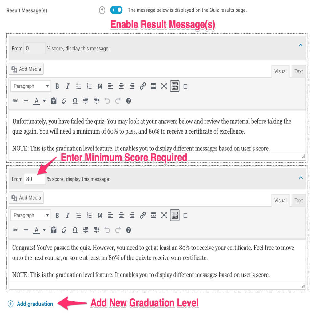 LearnDash quiz result messages, admin setup