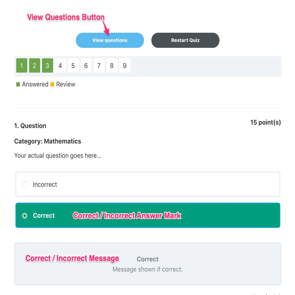 LearnDash quiz results, correct/incorrect marks & messages labeled