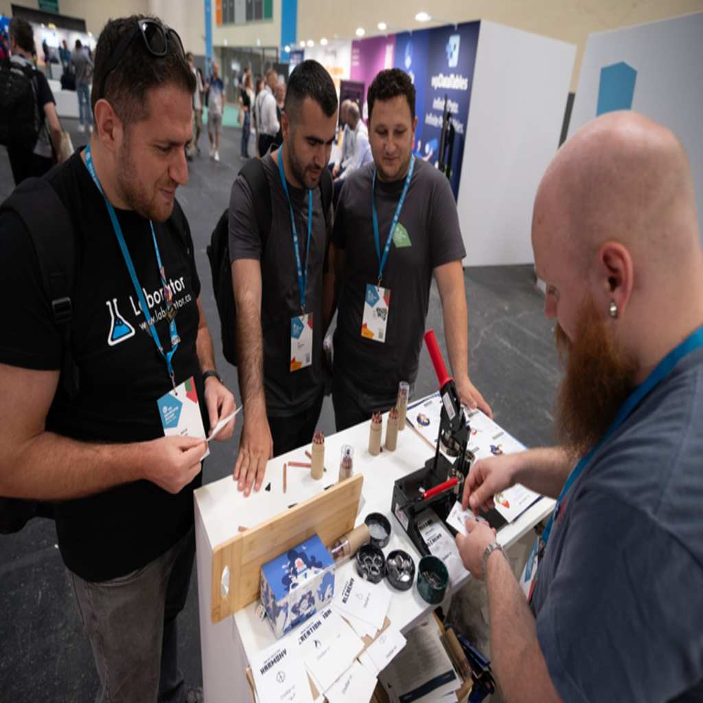 Attendees at the StellarWP booth at WCEU