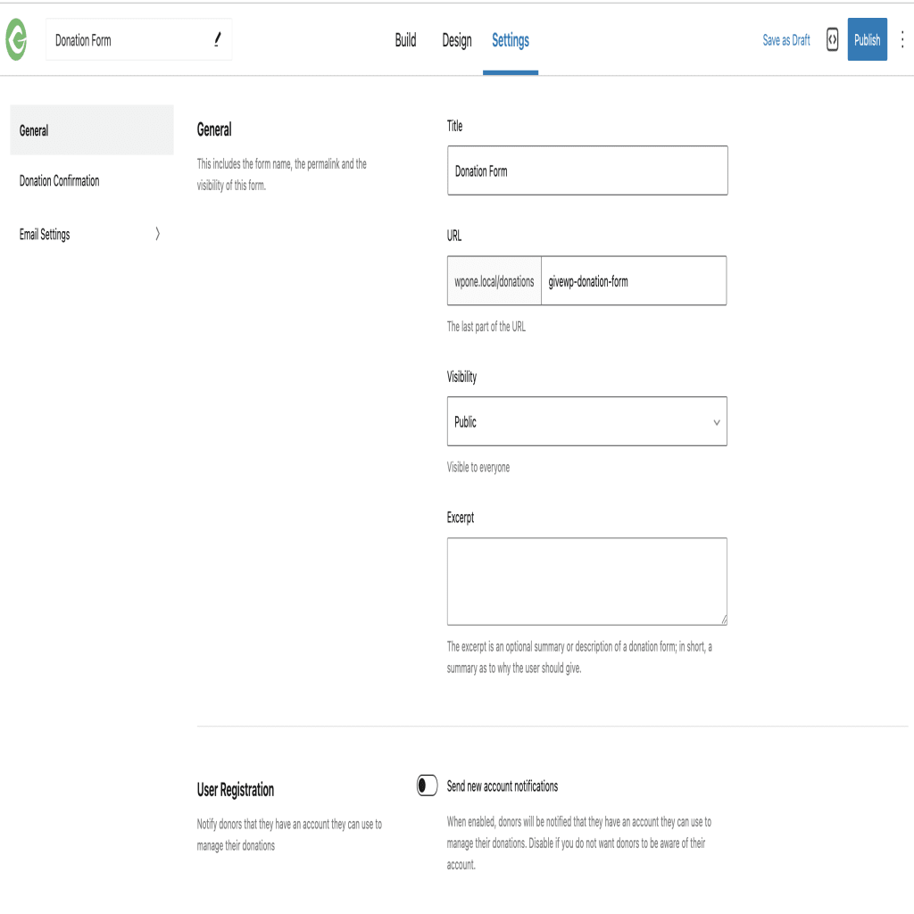 Additional settings in the Settings tab of the Visual Donation Form Builder