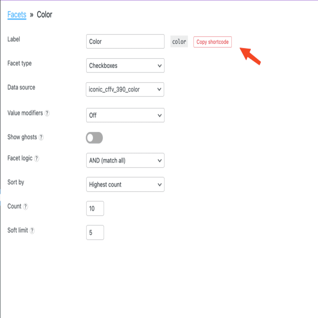 facet copy shortcode