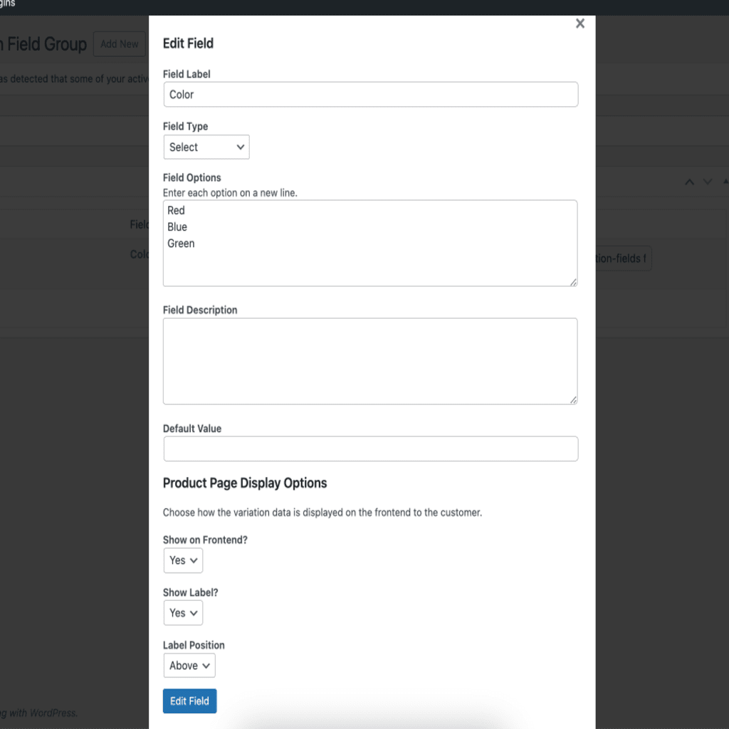 Custom fields variation group add field