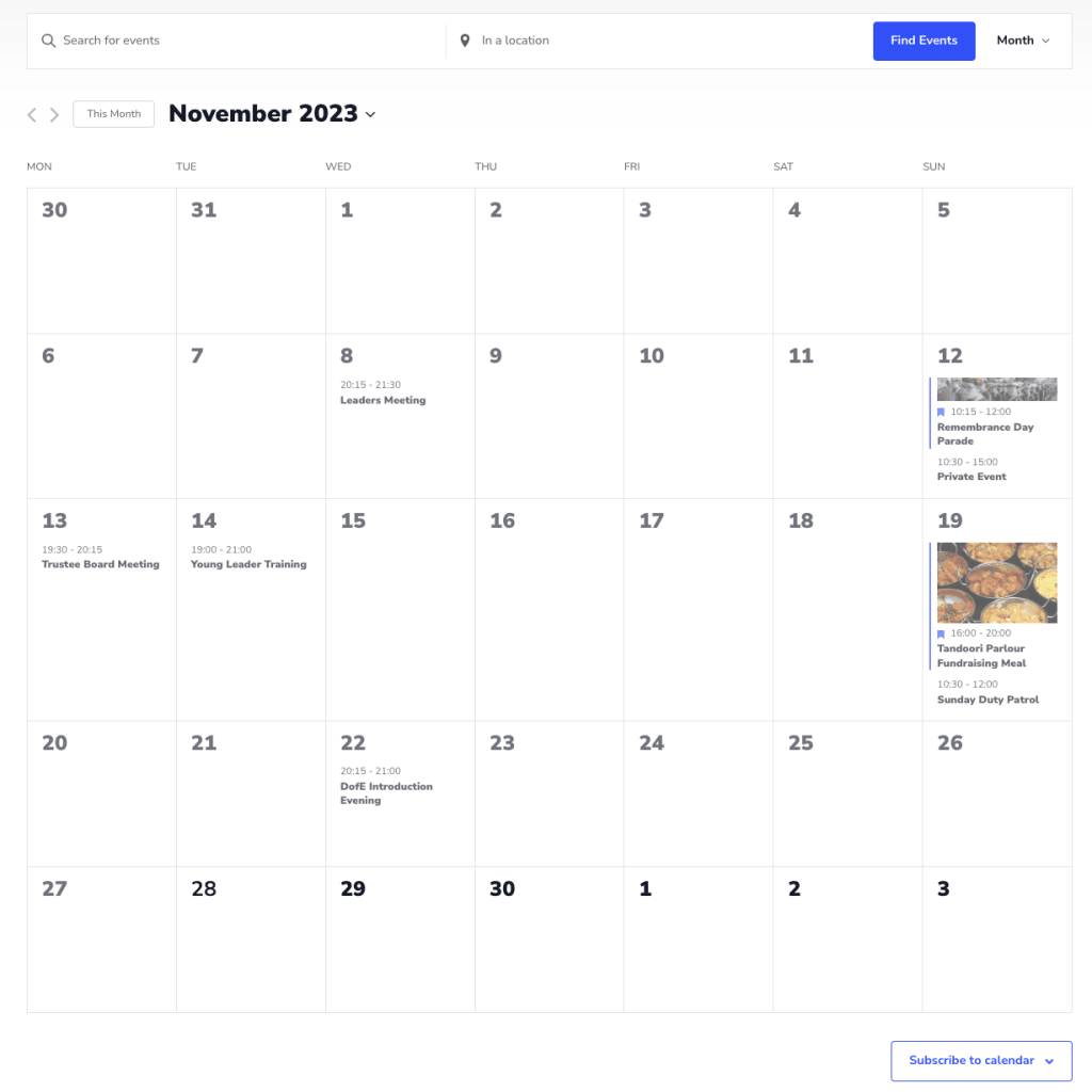The Events Calendar main calendar page
