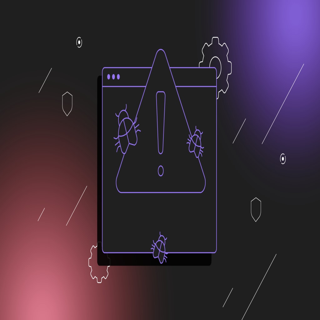 Line illustration showing a black application window on a red gradient background overlaid with a large exclamation point alert icon and three bugs.