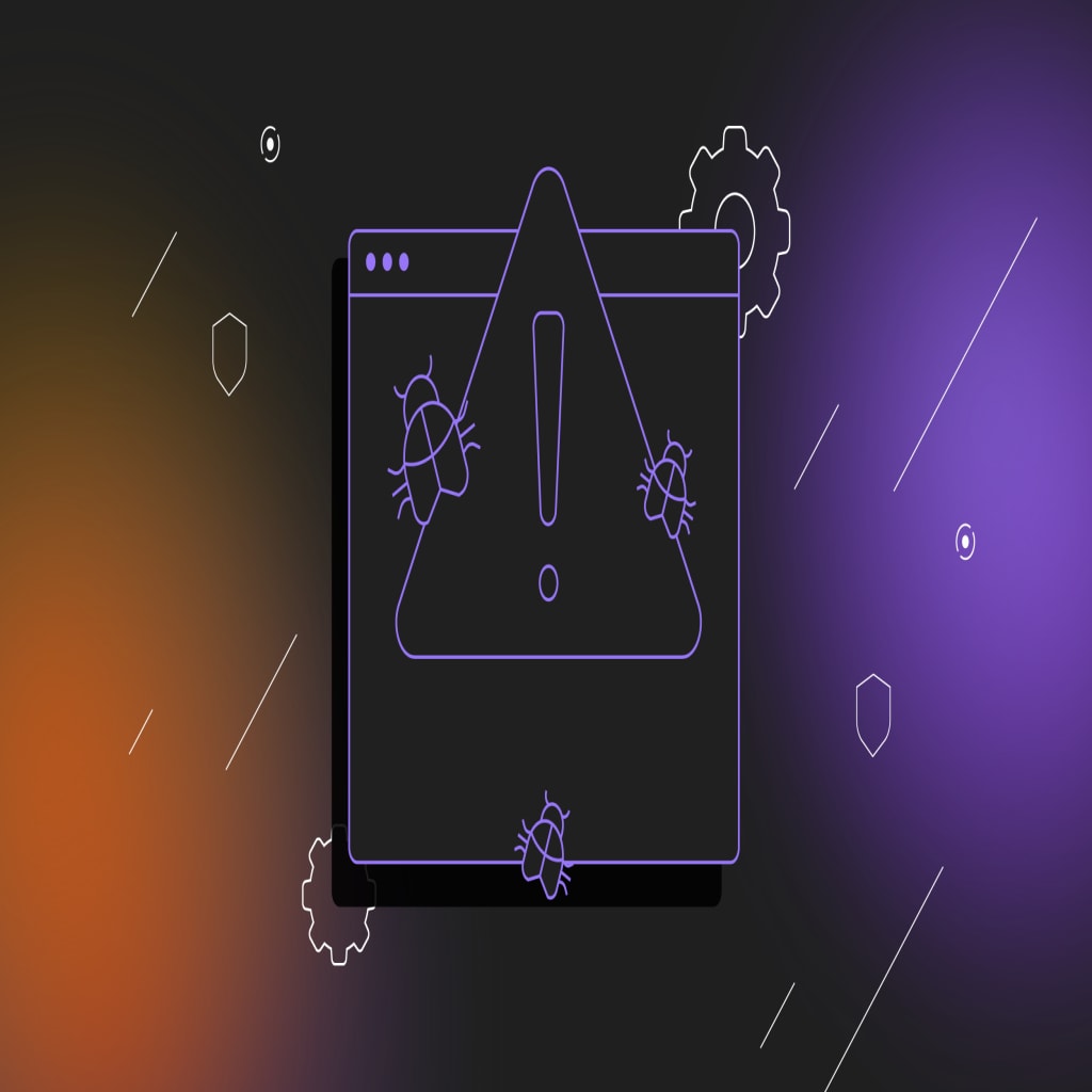 Line illustration showing a black application window on a dark orange to black gradient background overlaid with a large exclamation point alert icon and three bugs.