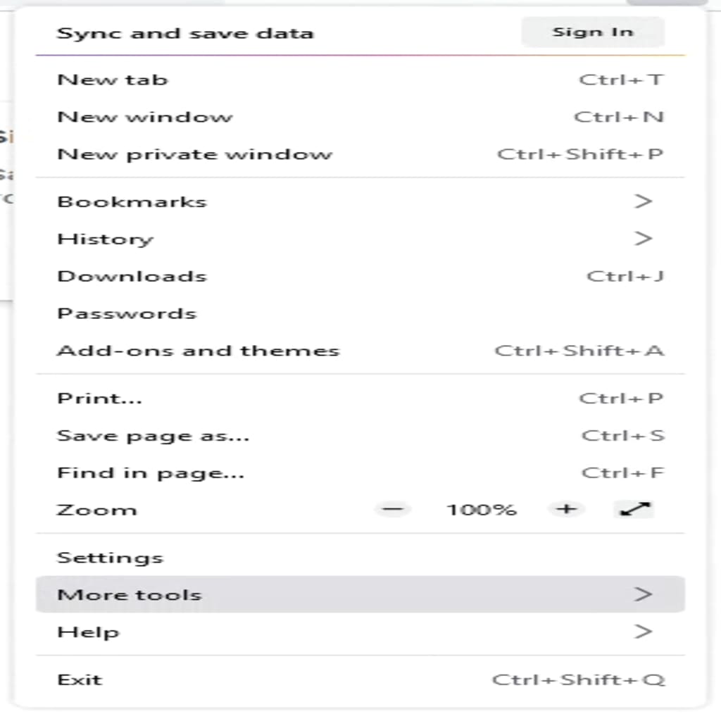 More tools menu on Firefox