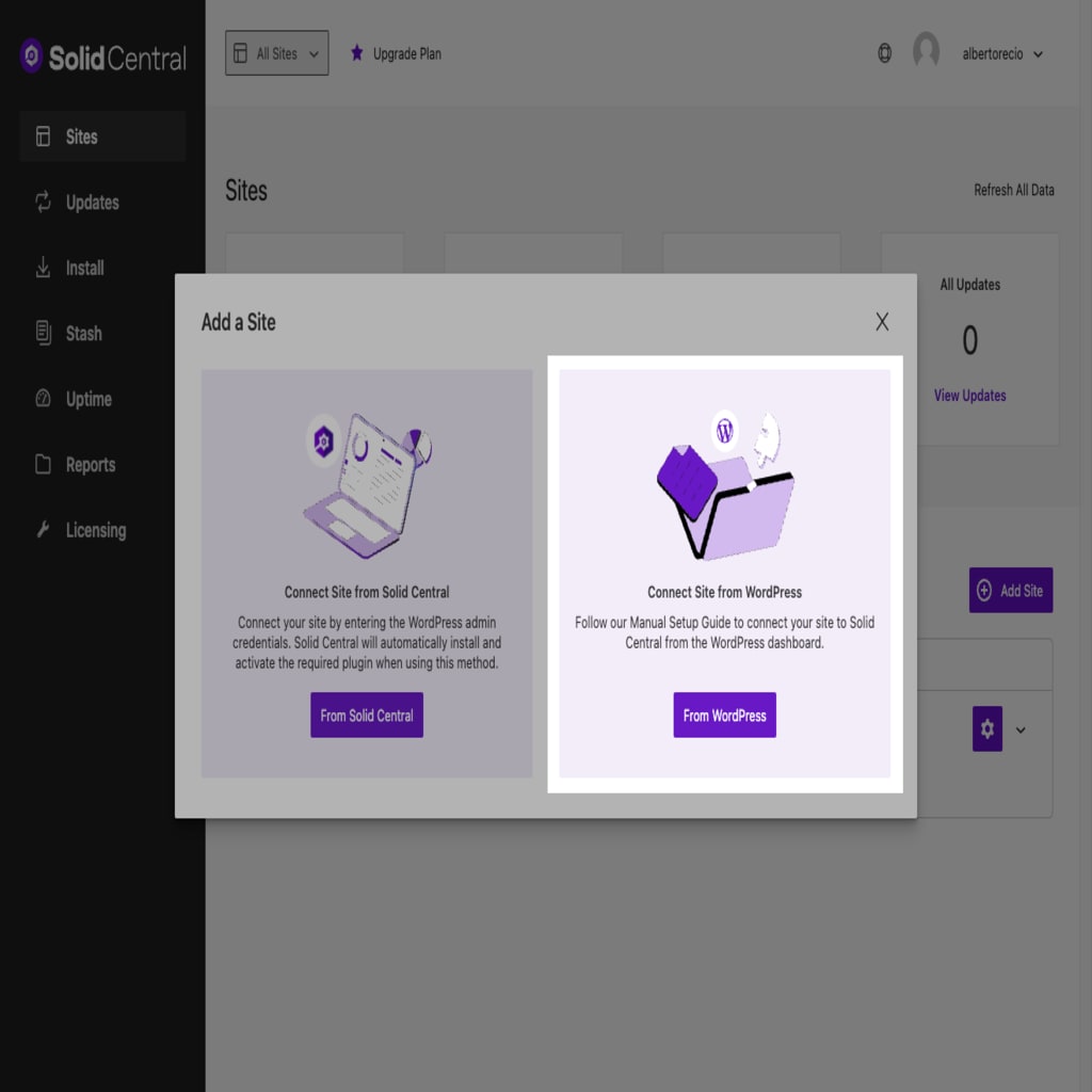 Adding a site to Solid Central by connecting from it to Central.