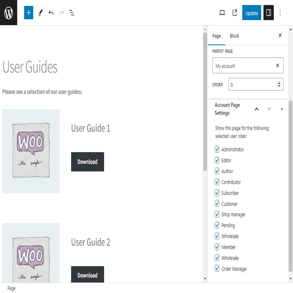 my account page user roles