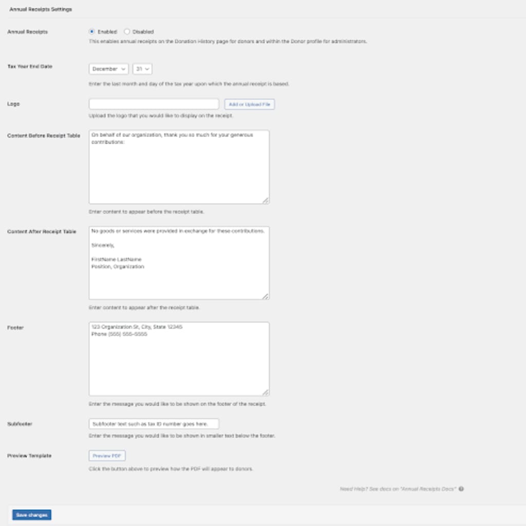 The settings page for Annual Receipts. Displays the end of year and multiple options to customize a receipt with a logo, an intro/outro, a footer, and more.