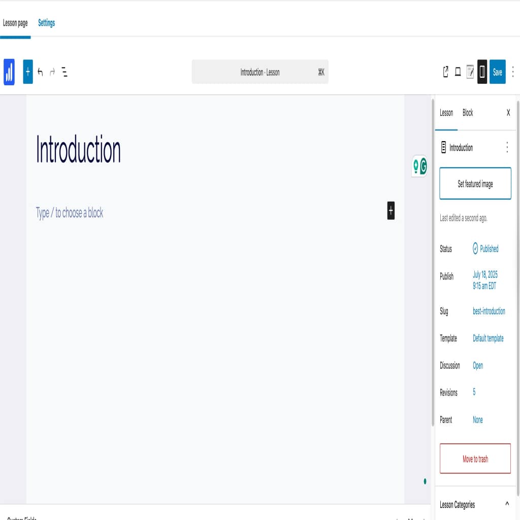 Lessons creation screen 