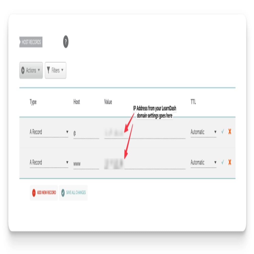 Example DNS zone managment screen