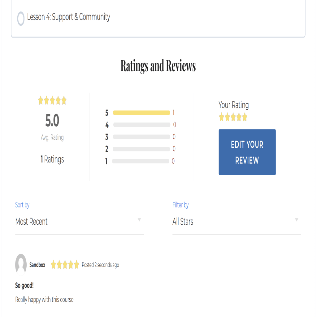 A Ratings and Reviews area below a course showing average ratings of 5.0, 1 rating, and the ability to show the most recent reviews or filter by star rating.